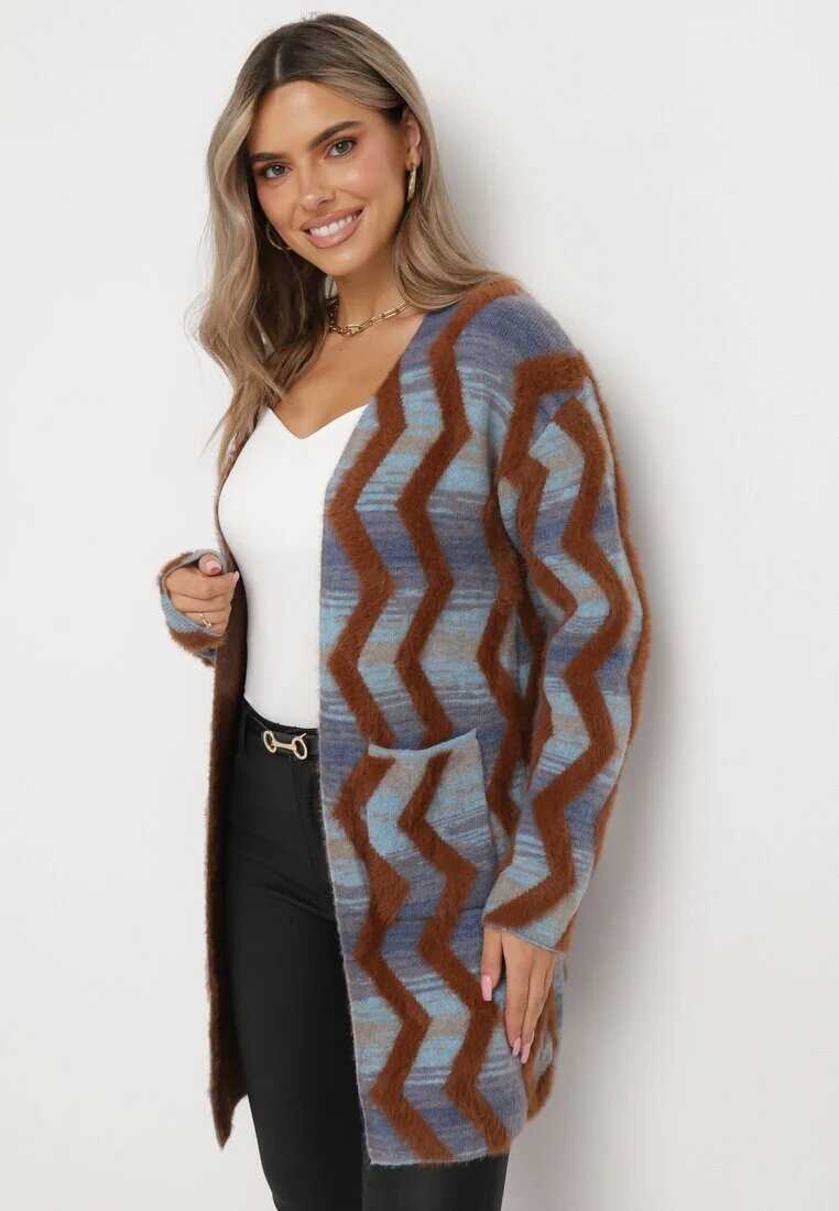 wool fashion Cardigan Albastru-Maro Lax cu Model Geometric Goitom