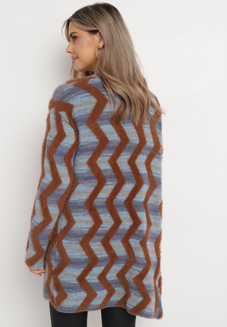 wool fashion Cardigan Albastru-Maro Lax cu Model Geometric Goitom