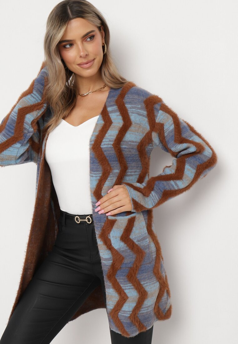 wool fashion Cardigan Albastru-Maro Lax cu Model Geometric Goitom