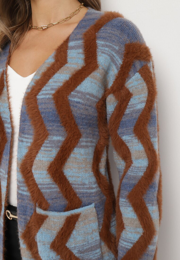 wool fashion Cardigan Albastru-Maro Lax cu Model Geometric Goitom