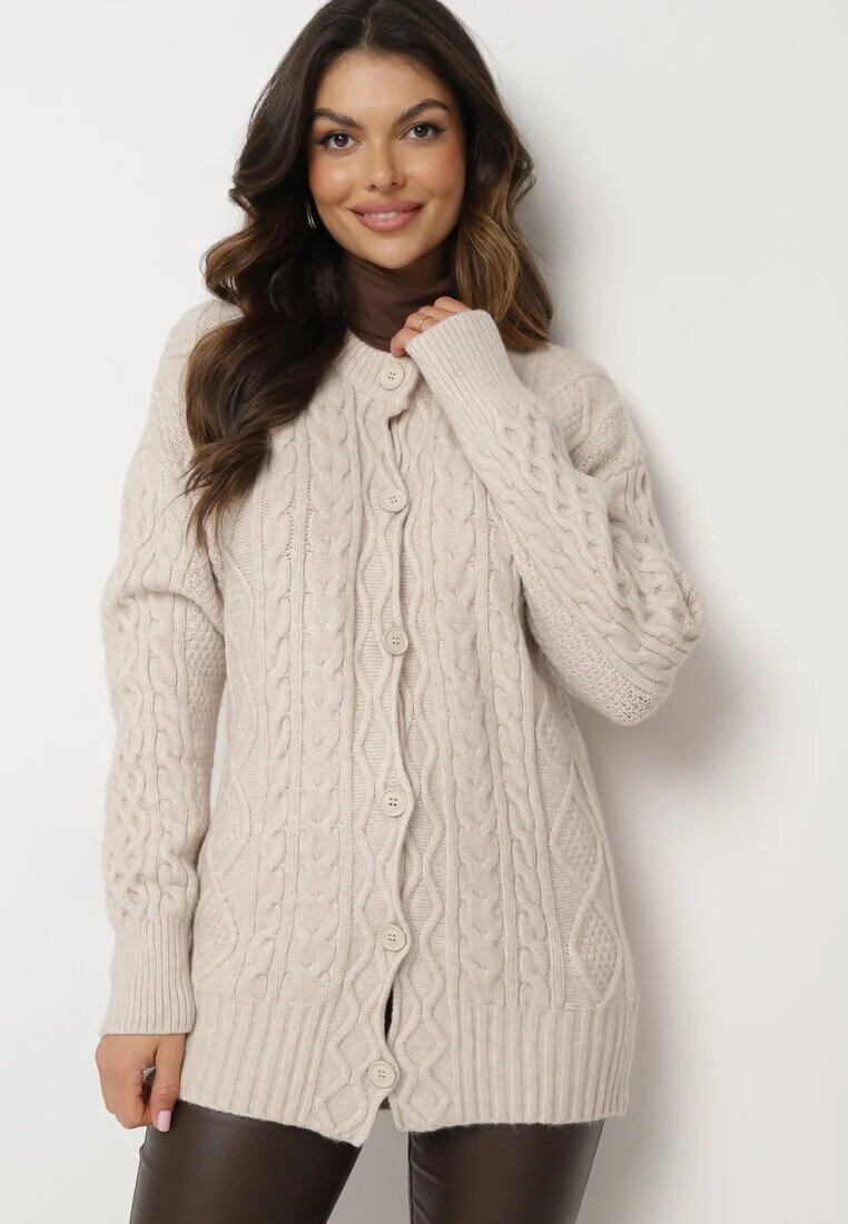 wool fashion Cardigan bej deschis cu nasturi decorat cu relief Melorisse