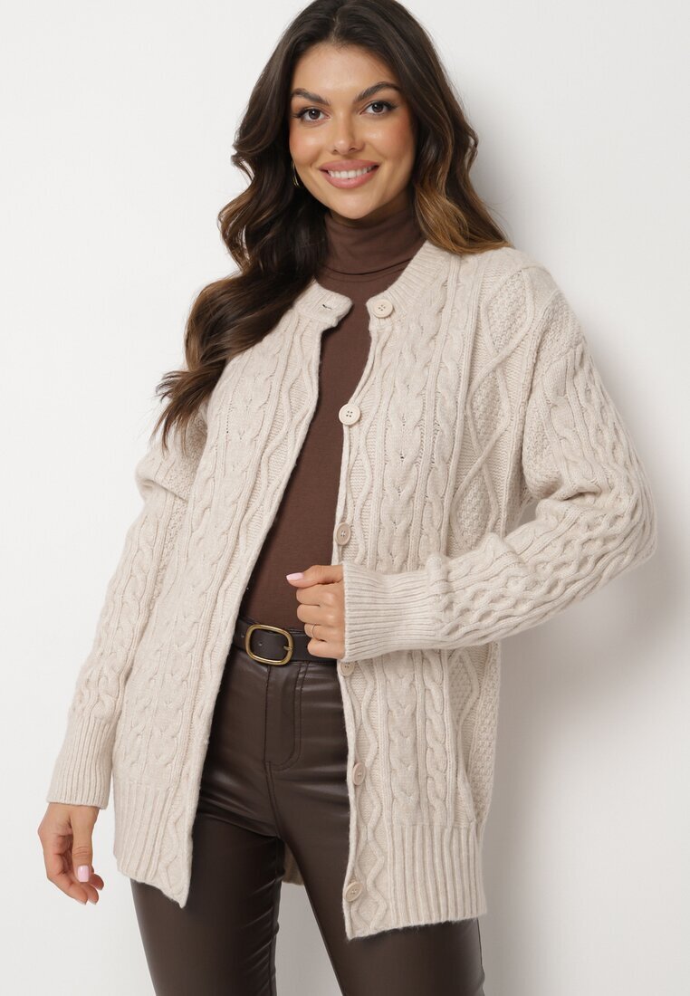 wool fashion Cardigan bej deschis cu nasturi decorat cu relief Melorisse