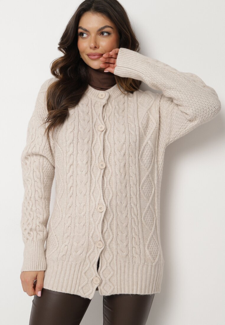 wool fashion Cardigan bej deschis cu nasturi decorat cu relief Melorisse