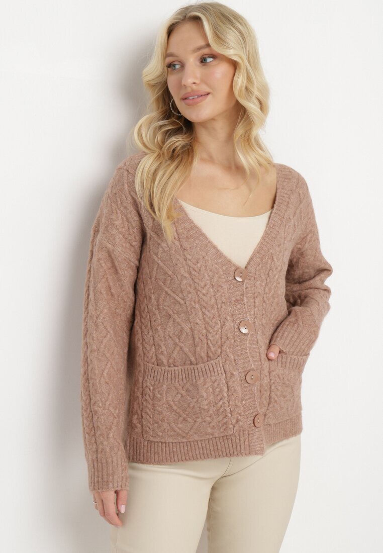 wool fashion Cardigan Bej închis cu decolteu în V cu model împletit Mallak