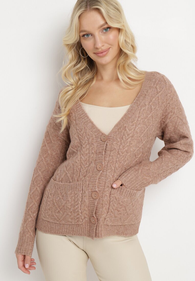 wool fashion Cardigan Bej închis cu decolteu în V cu model împletit Mallak