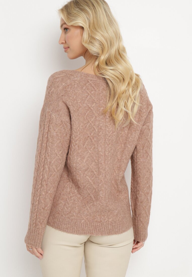 wool fashion Cardigan Bej închis cu decolteu în V cu model împletit Mallak