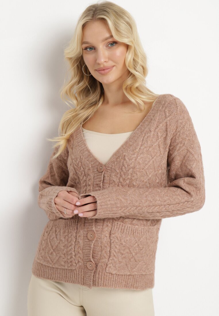 wool fashion Cardigan Bej închis cu decolteu în V cu model împletit Mallak