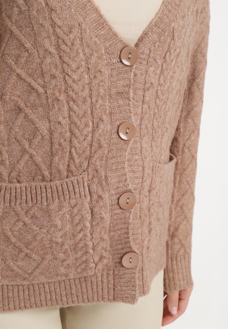 wool fashion Cardigan Bej închis cu decolteu în V cu model împletit Mallak