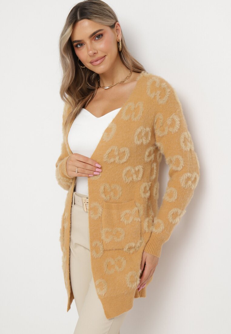 wool fashion Cardigan bej închis deschis cu imprimeu leopard cu puf mai lung Weatha