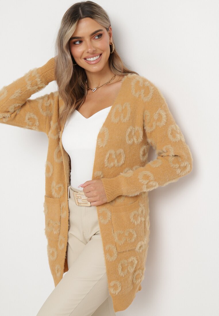 wool fashion Cardigan bej închis deschis cu imprimeu leopard cu puf mai lung Weatha