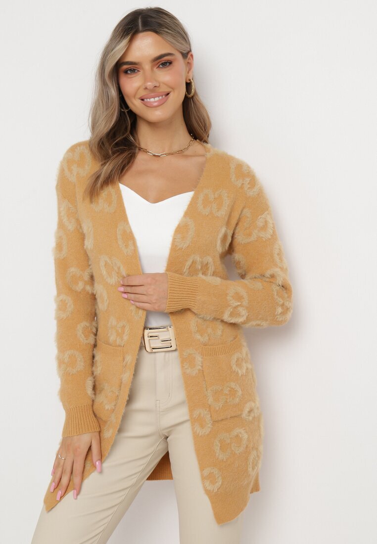 wool fashion Cardigan bej închis deschis cu imprimeu leopard cu puf mai lung Weatha