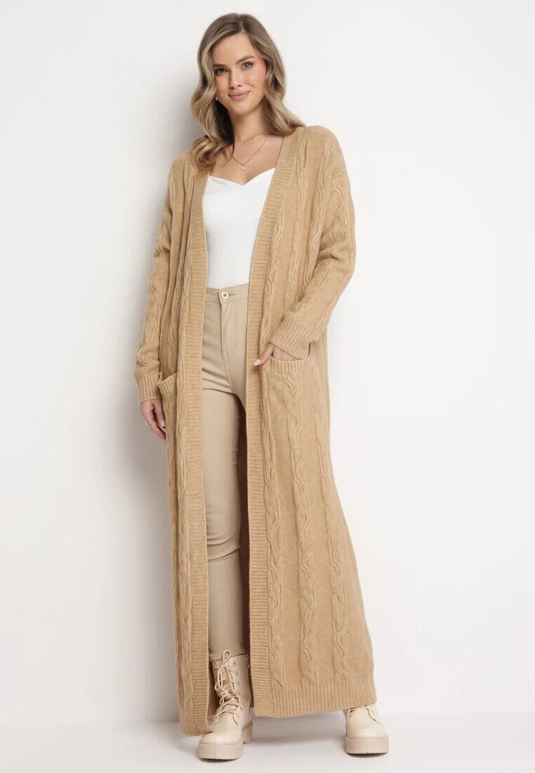 wool fashion Cardigan Bej Maxi cu Model împletit și Buzunare Demixi