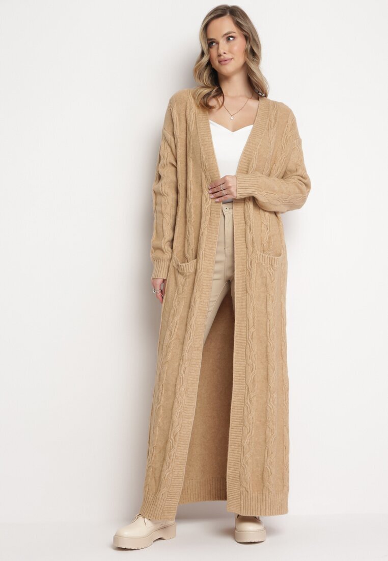 wool fashion Cardigan Bej Maxi cu Model împletit și Buzunare Demixi
