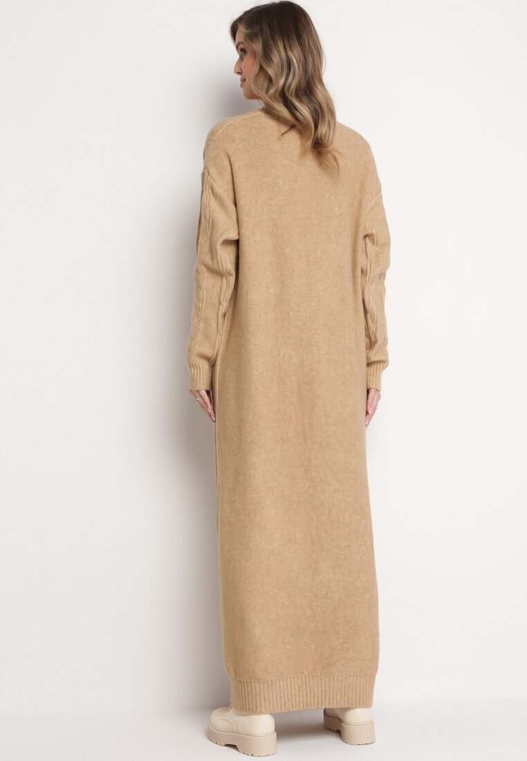 wool fashion Cardigan Bej Maxi cu Model împletit și Buzunare Demixi