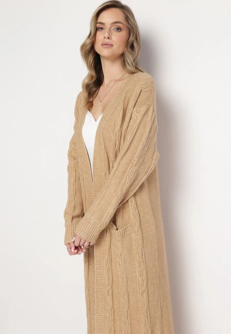 wool fashion Cardigan Bej Maxi cu Model împletit și Buzunare Demixi