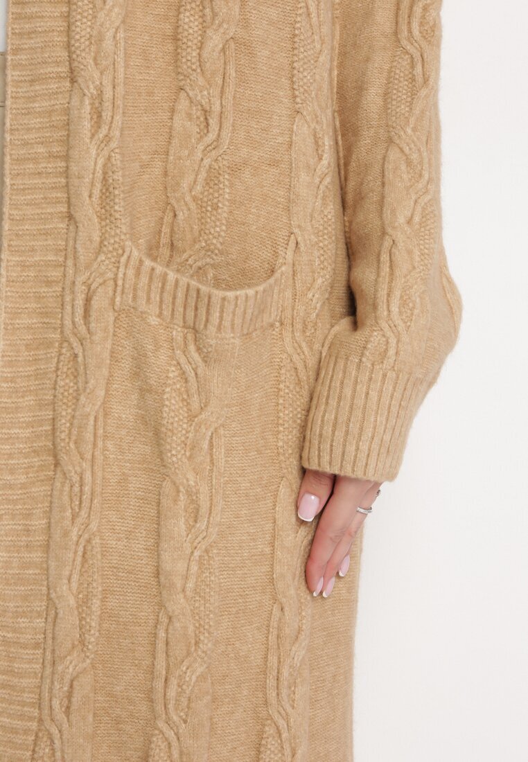 wool fashion Cardigan Bej Maxi cu Model împletit și Buzunare Demixi