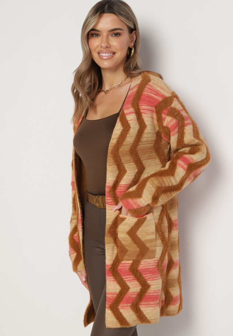 wool fashion Cardigan Lejer Bej închis cu Model Geometric Goitom