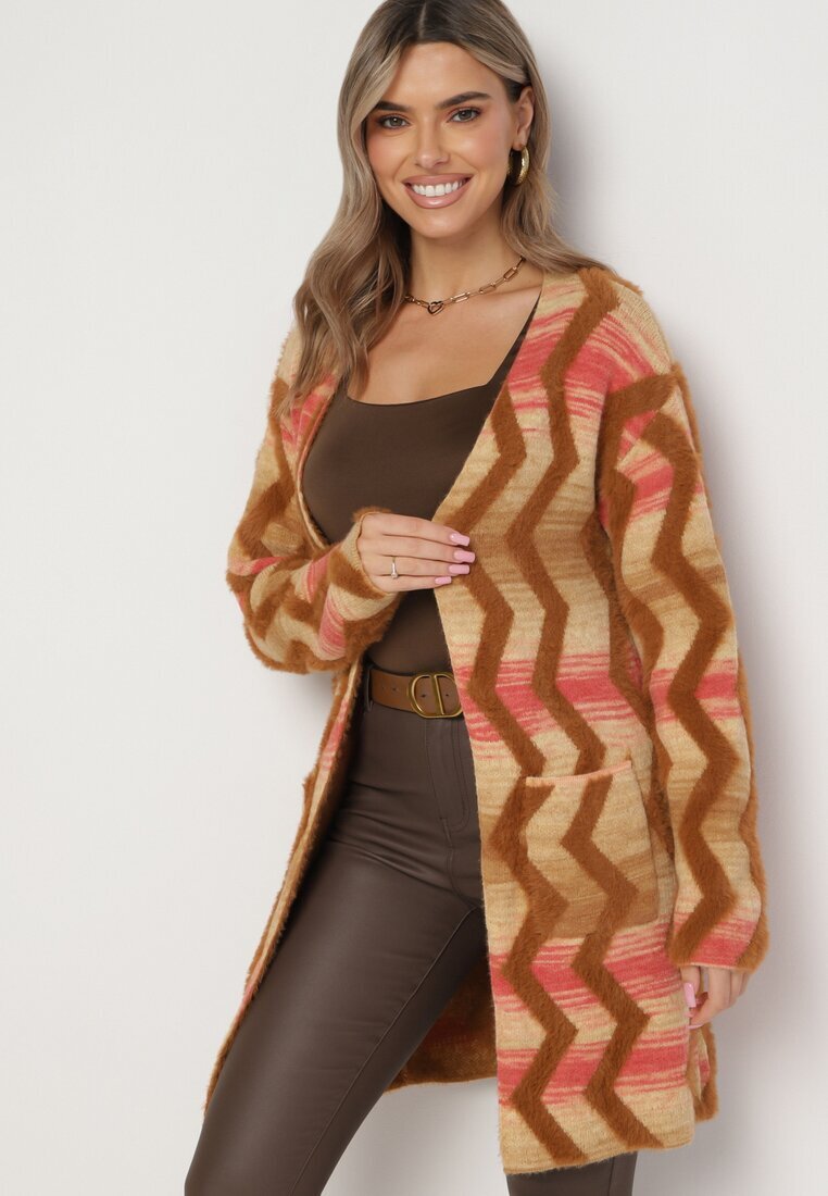 wool fashion Cardigan Lejer Bej închis cu Model Geometric Goitom