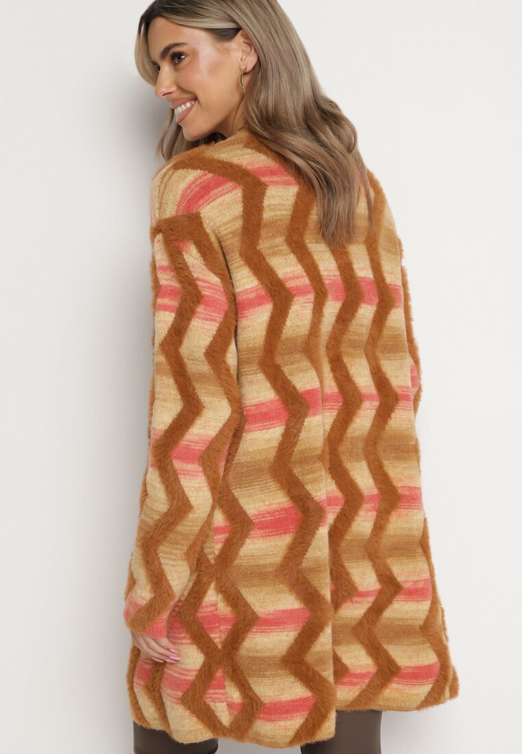 wool fashion Cardigan Lejer Bej închis cu Model Geometric Goitom