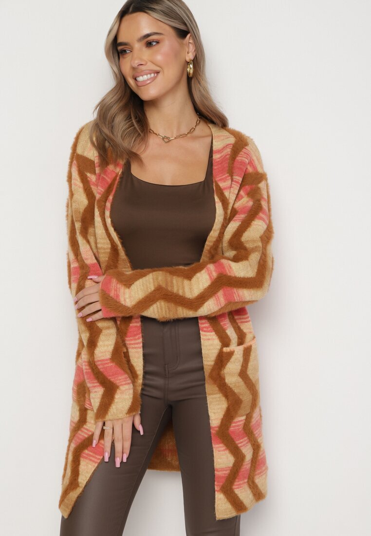 wool fashion Cardigan Lejer Bej închis cu Model Geometric Goitom