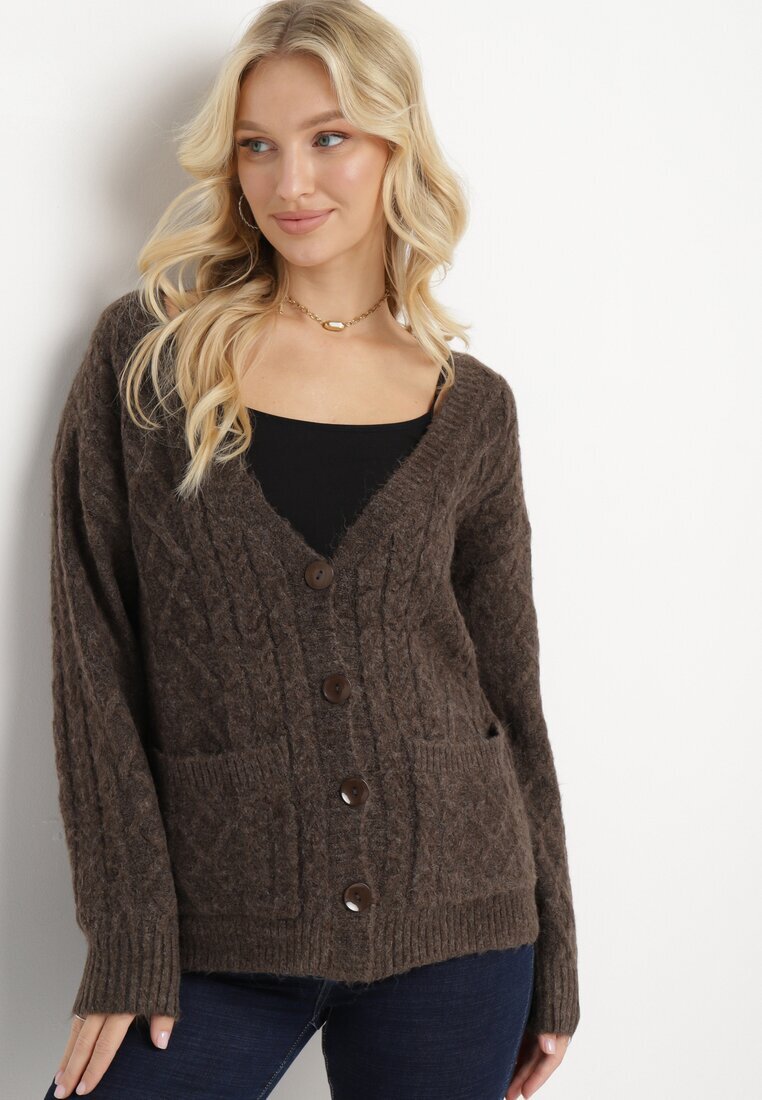 wool fashion Cardigan Maro cu Decolteu în V cu Împletitură Cablu Mallak