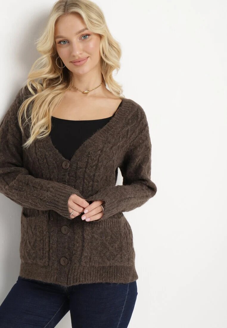 wool fashion Cardigan Maro cu Decolteu în V cu Împletitură Cablu Mallak