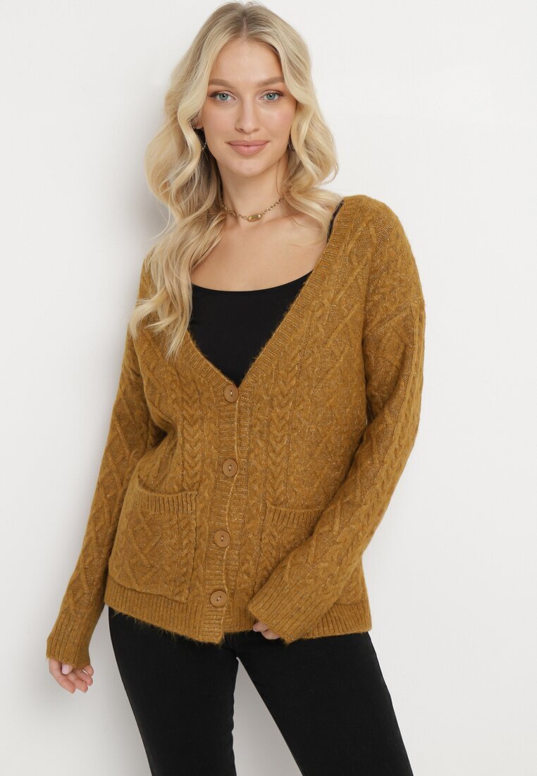 wool fashion Cardigan Maro deschis cu Decolteu în V cu Împletitură Mallak