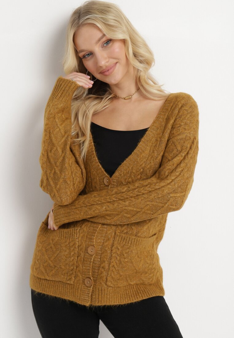 wool fashion Cardigan Maro deschis cu Decolteu în V cu Împletitură Mallak