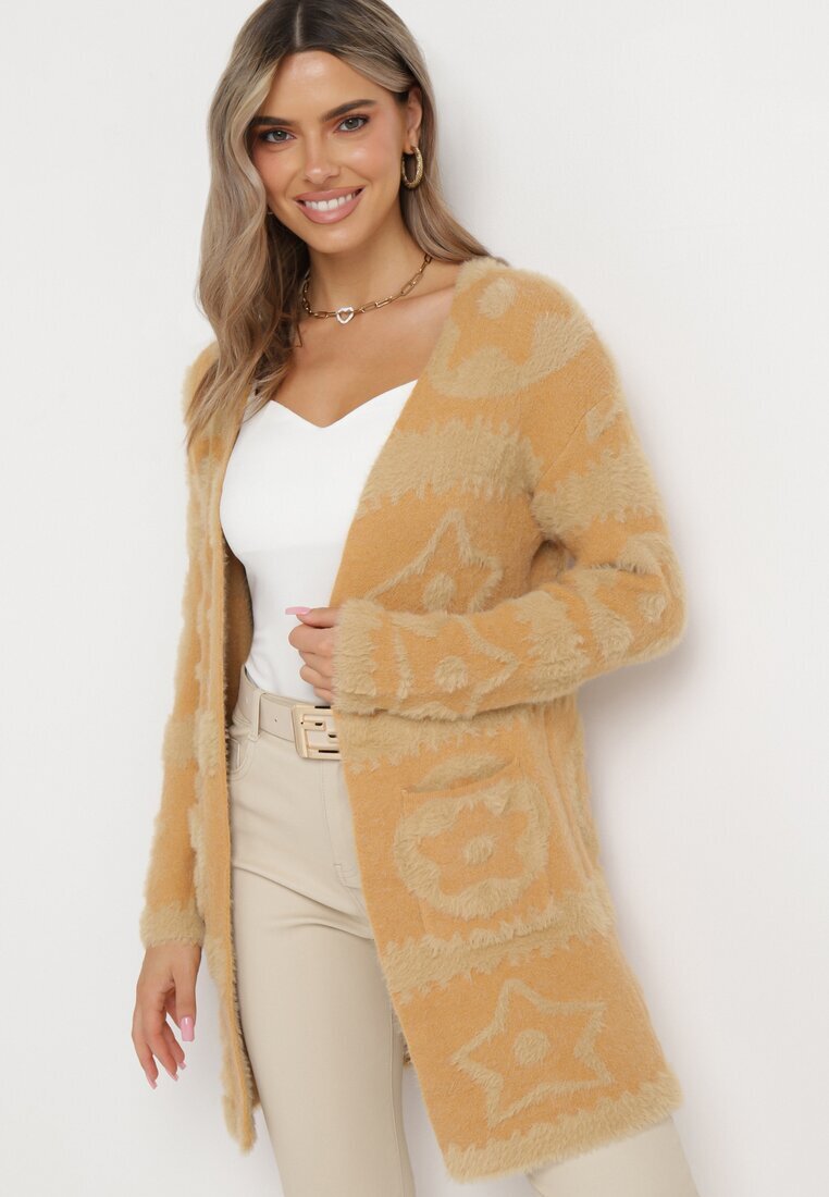 wool fashion Cardigan Maro Deschis cu fir mai lung Korrema