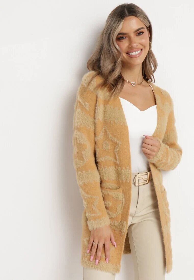 wool fashion Cardigan Maro Deschis cu fir mai lung Korrema