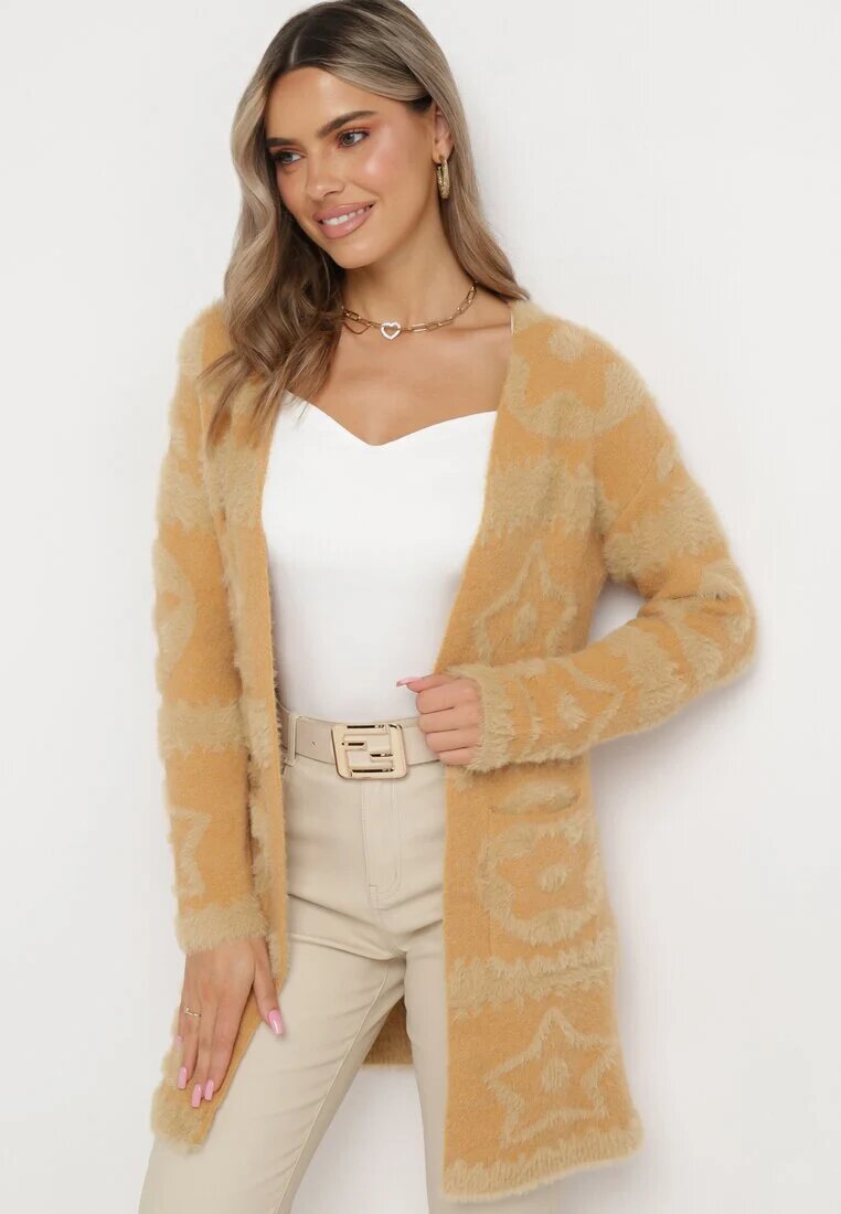 wool fashion Cardigan Maro Deschis cu fir mai lung Korrema