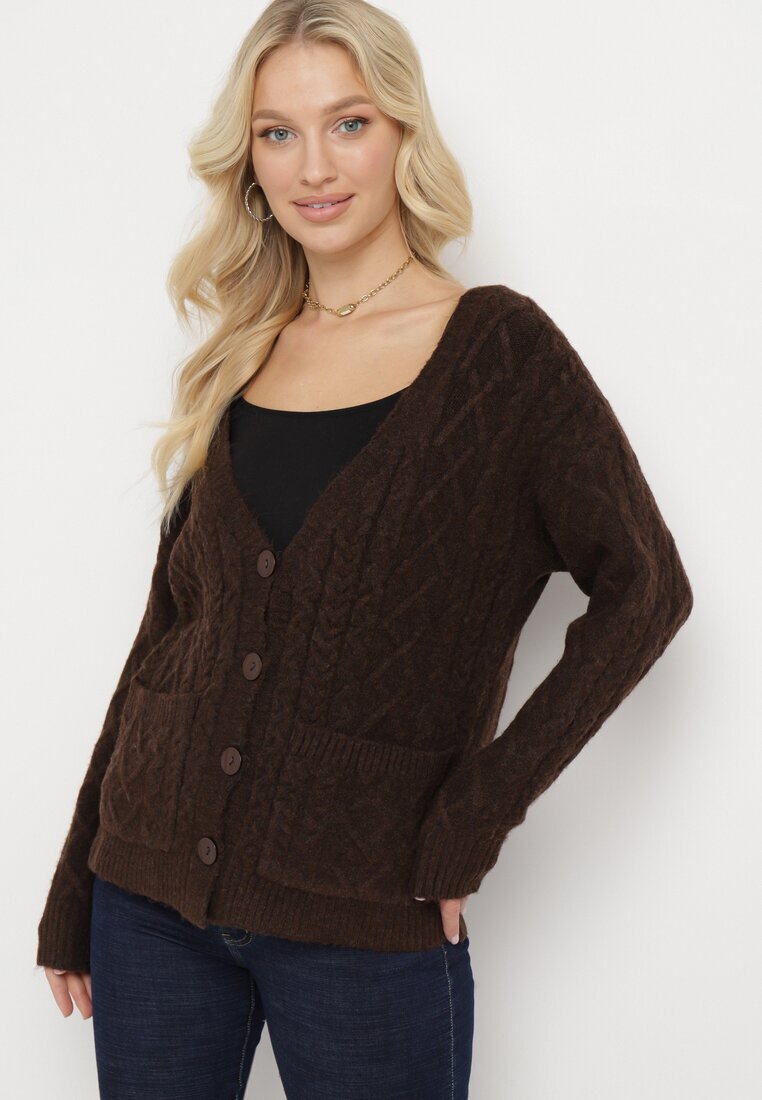 wool fashion Cardigan Maro închis cu decolteu în V cu torsade Mallak