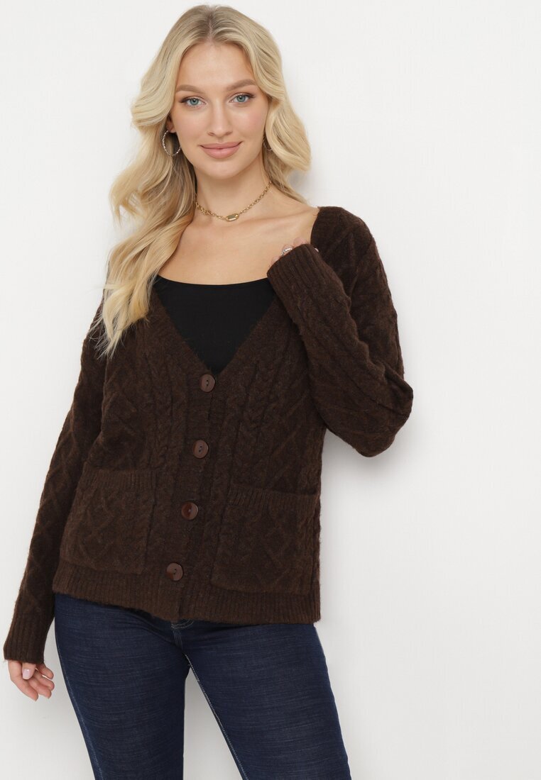 wool fashion Cardigan Maro închis cu decolteu în V cu torsade Mallak