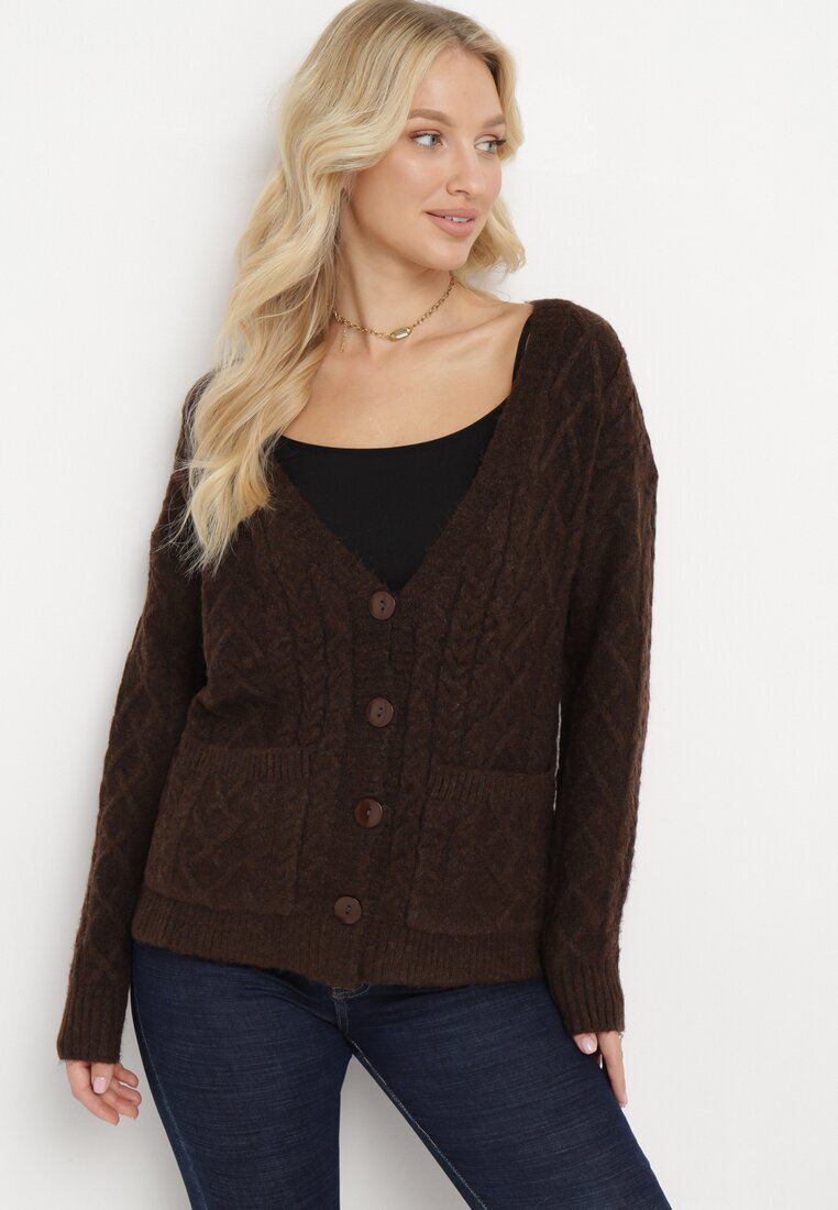 wool fashion Cardigan Maro închis cu decolteu în V cu torsade Mallak