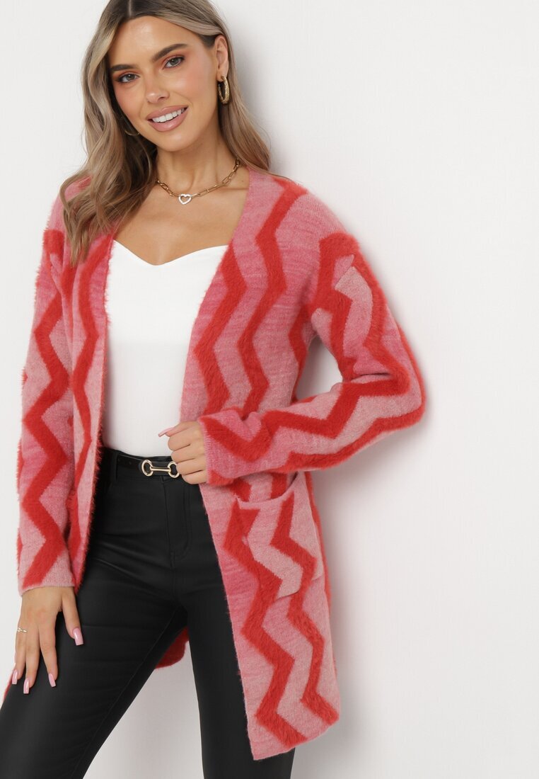 wool fashion Cardigan Roșu Lejer cu Model Geometric Goitom