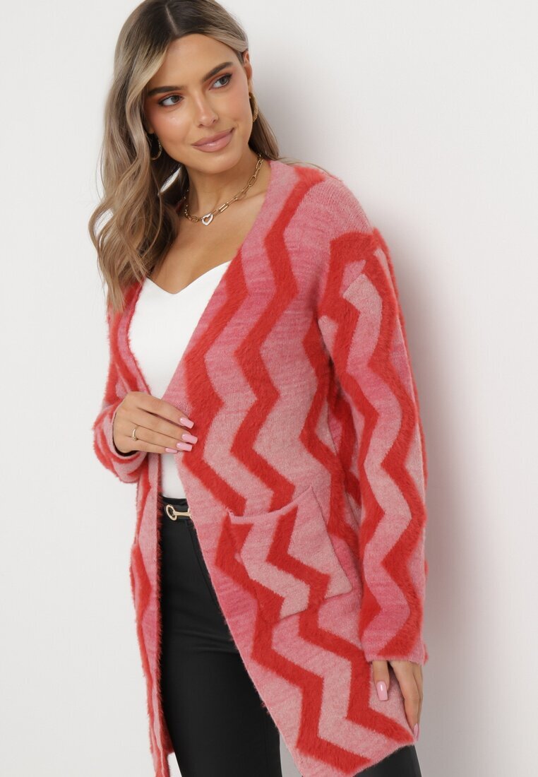 wool fashion Cardigan Roșu Lejer cu Model Geometric Goitom