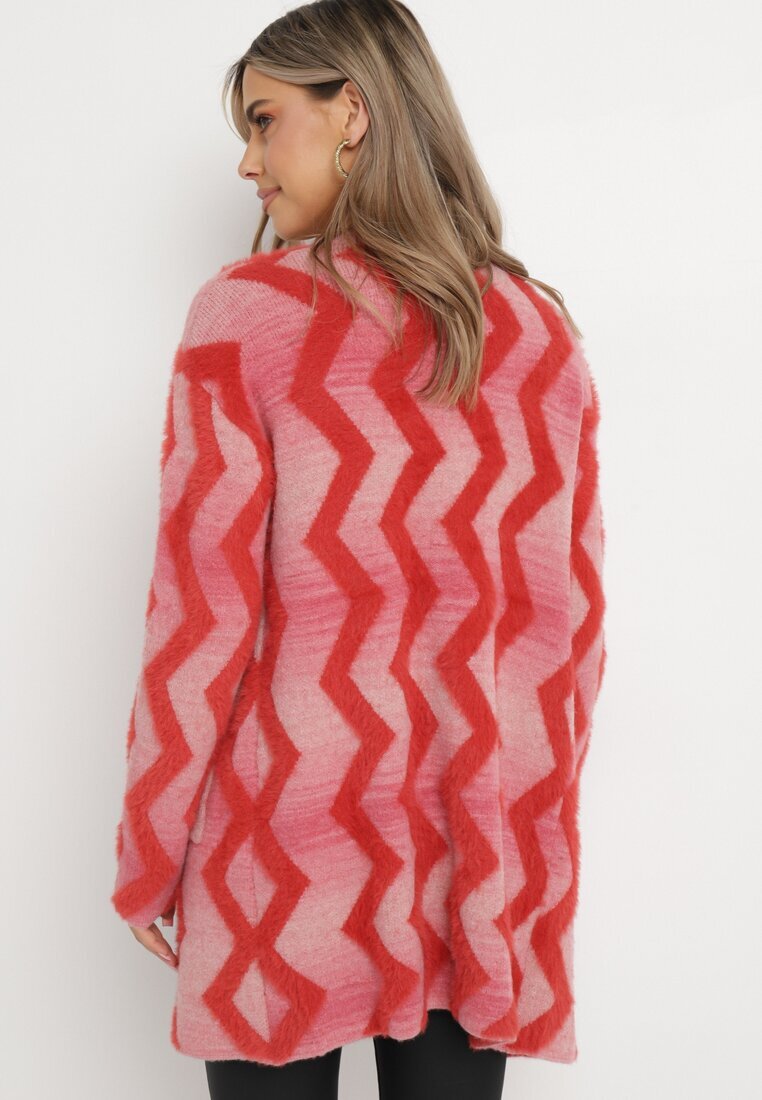 wool fashion Cardigan Roșu Lejer cu Model Geometric Goitom