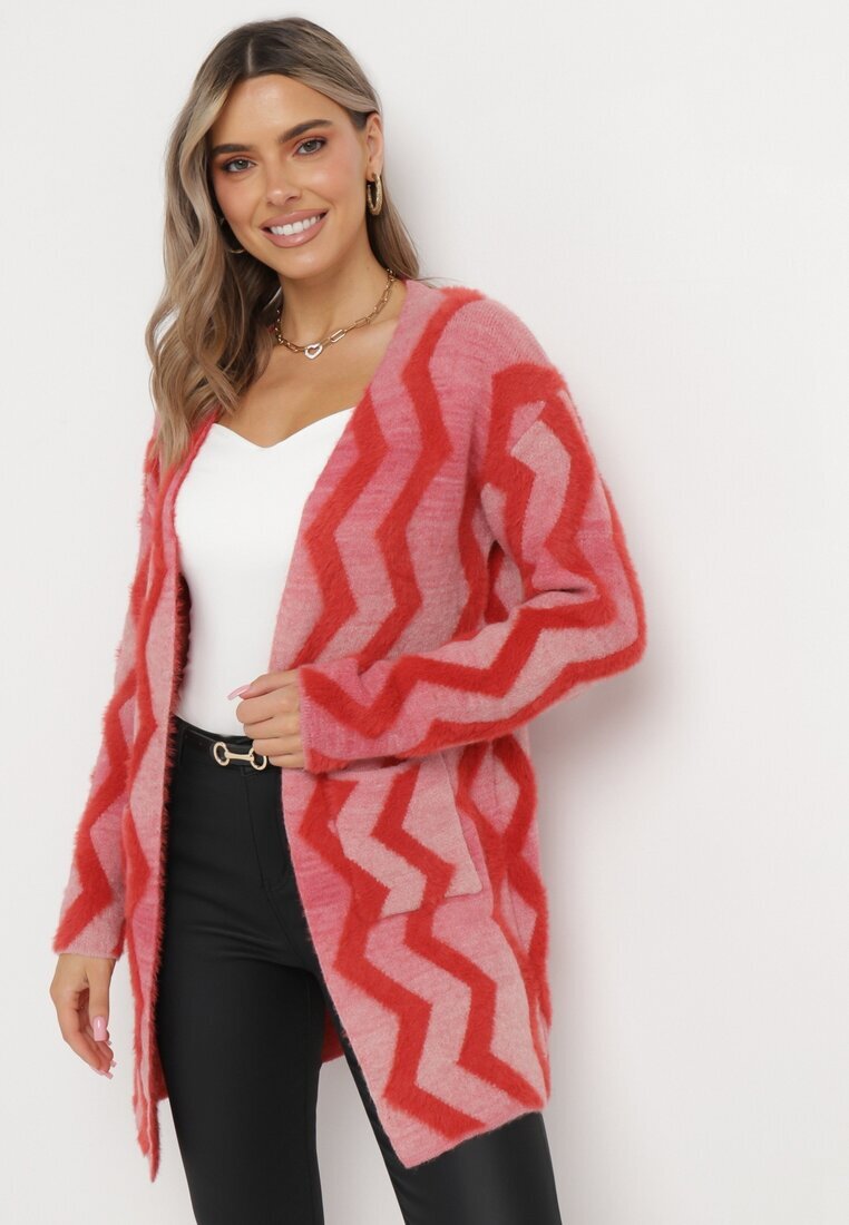 wool fashion Cardigan Roșu Lejer cu Model Geometric Goitom