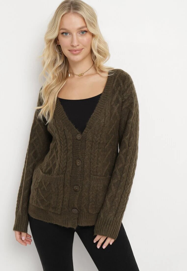 wool fashion Cardigan Verde închis cu decolteu în V cu împletitură Mallak