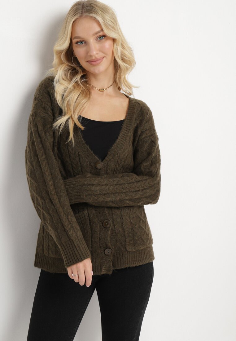 wool fashion Cardigan Verde închis cu decolteu în V cu împletitură Mallak