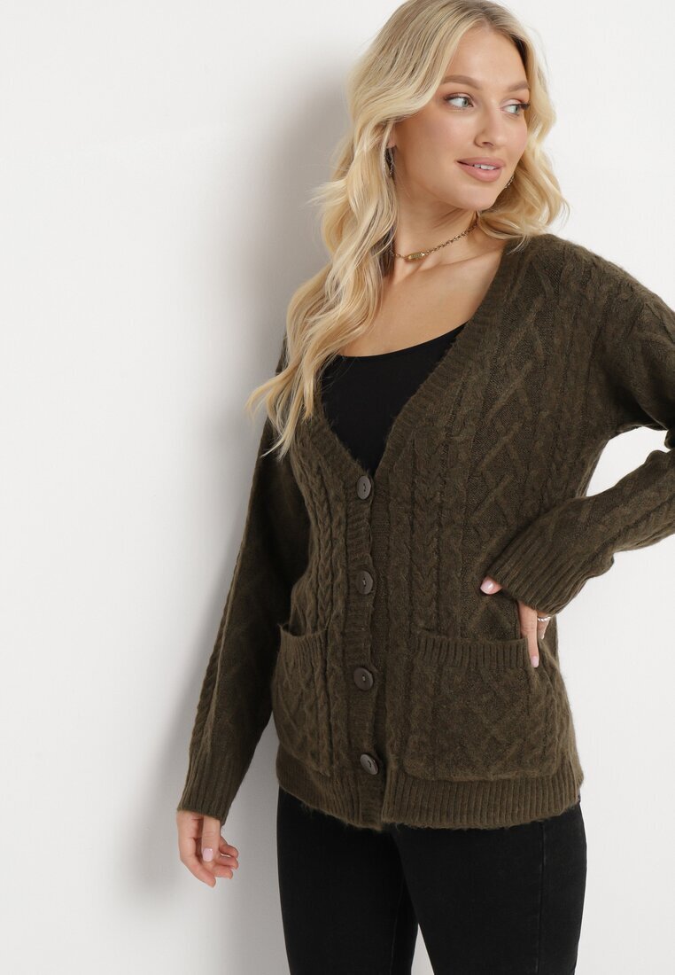 wool fashion Cardigan Verde închis cu decolteu în V cu împletitură Mallak