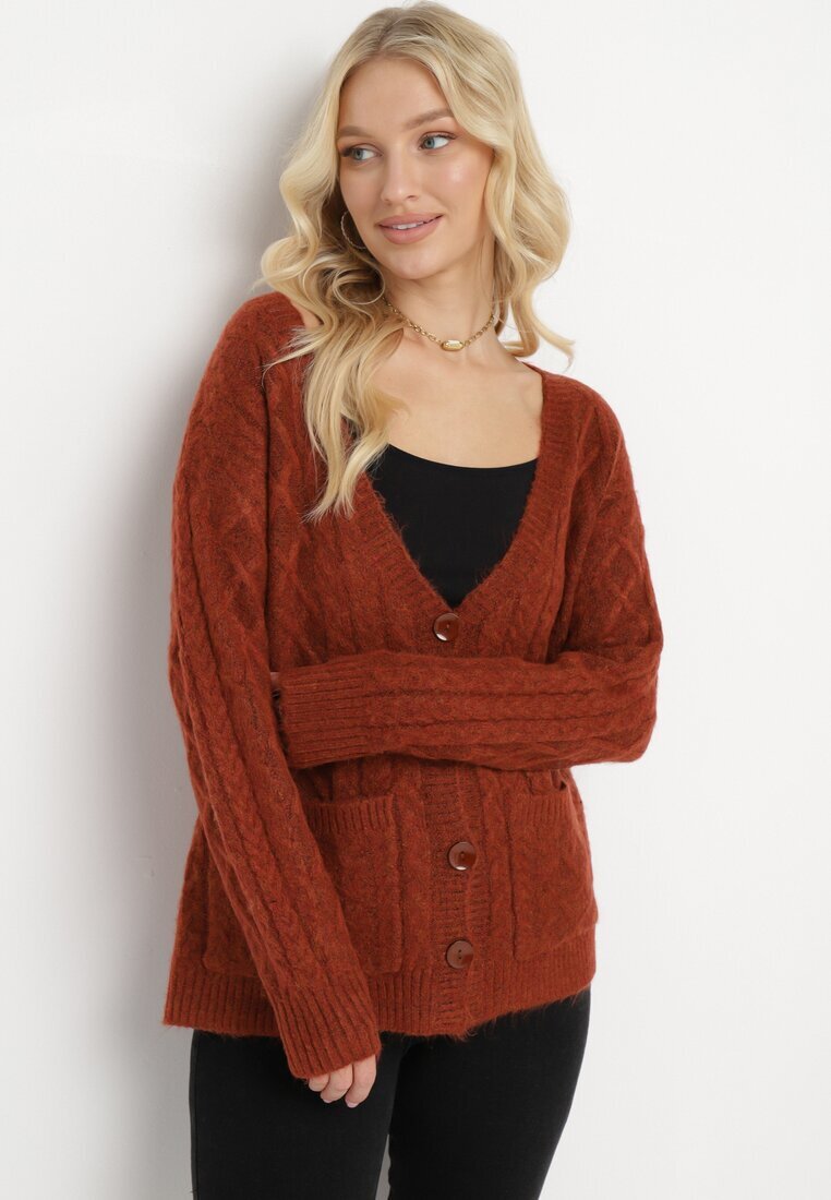 wool fashion Cardigan Vișiniu cu decolteu în V cu împletitură torsadă Mallak