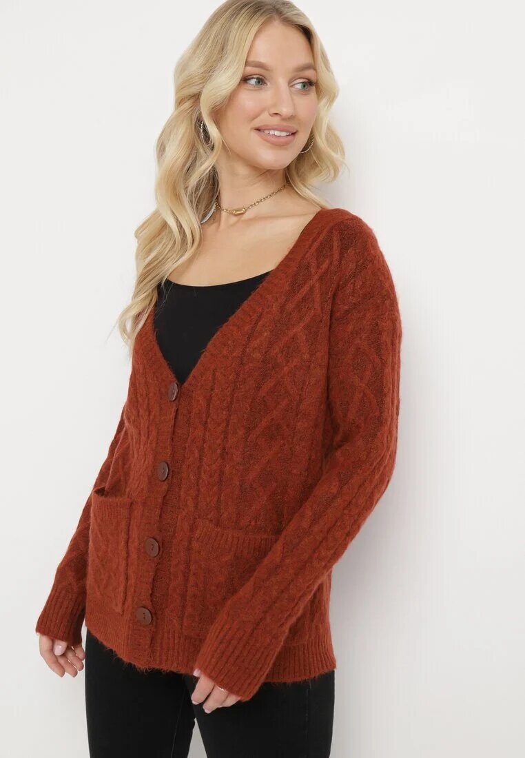 wool fashion Cardigan Vișiniu cu decolteu în V cu împletitură torsadă Mallak