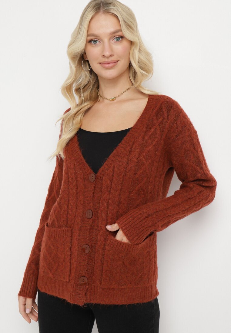 wool fashion Cardigan Vișiniu cu decolteu în V cu împletitură torsadă Mallak