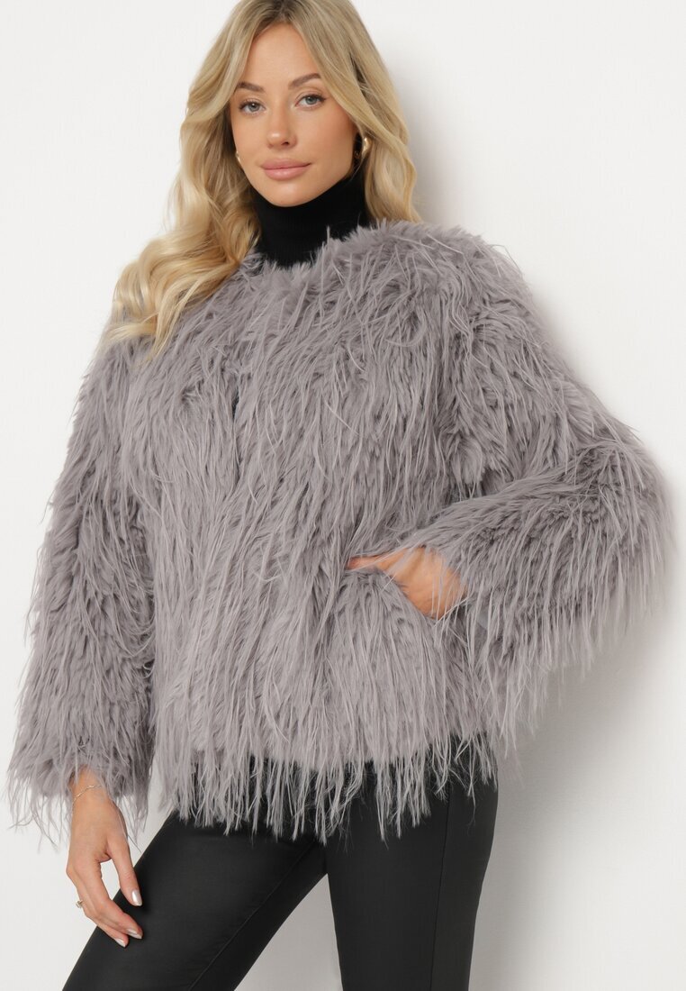 wool fashion Jachetă gri deschis de blană cu croială dreaptă cu agrafe Siarale