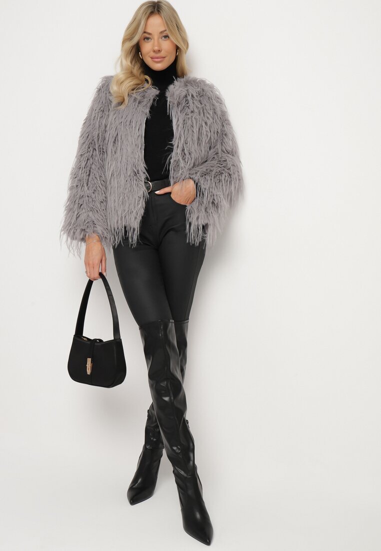 wool fashion Jachetă gri deschis de blană cu croială dreaptă cu agrafe Siarale