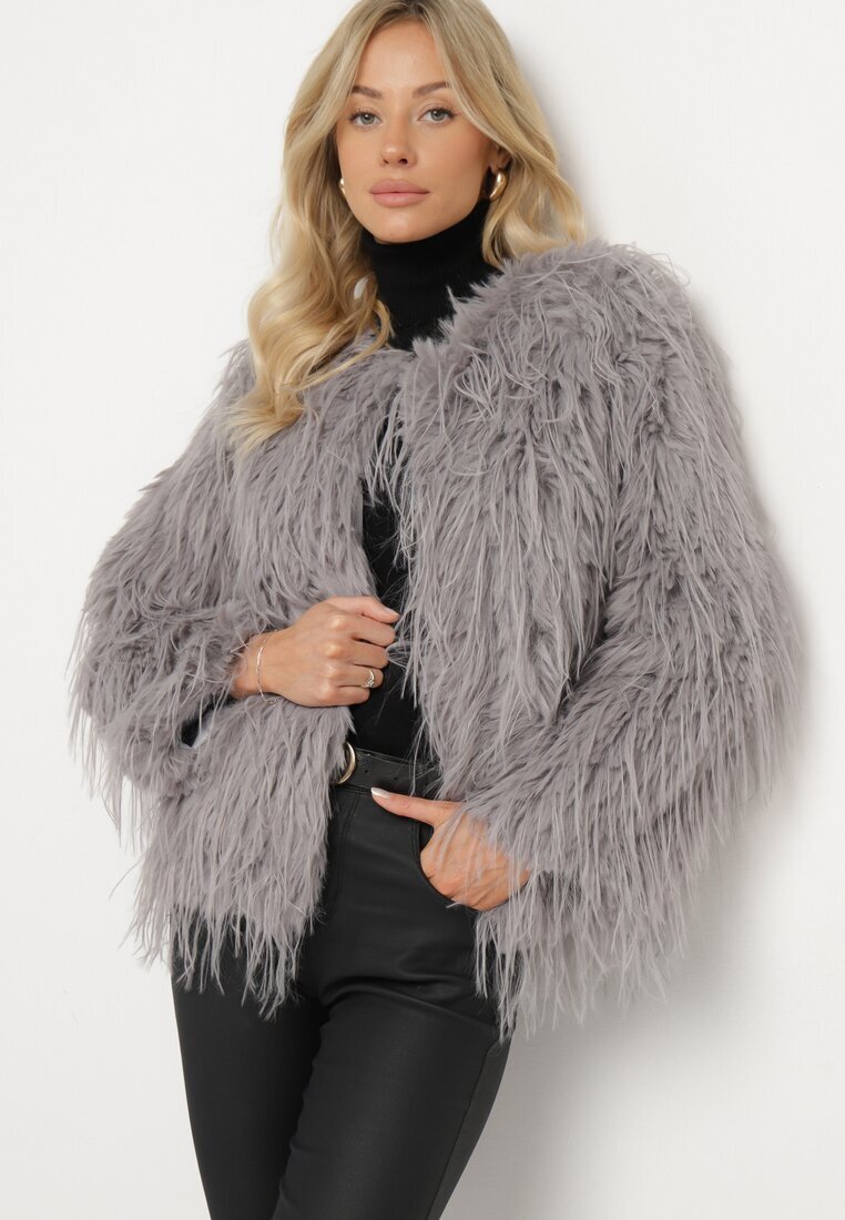 wool fashion Jachetă gri deschis de blană cu croială dreaptă cu agrafe Siarale