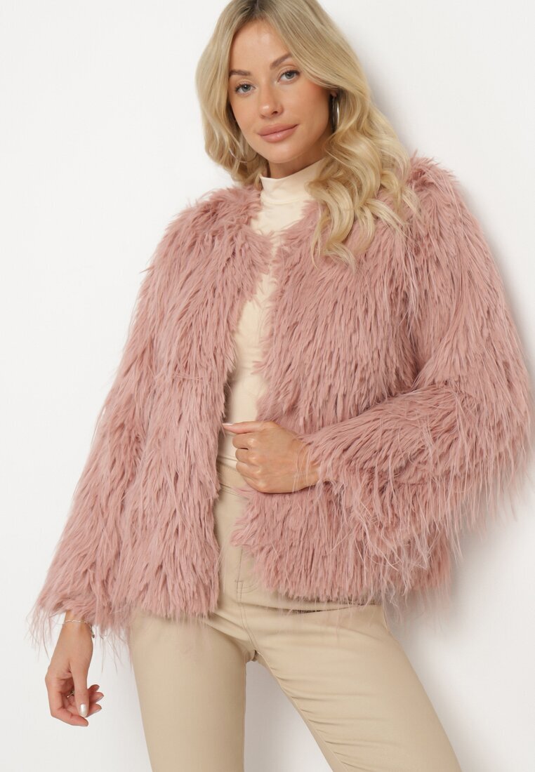 wool fashion Jachetă Roz de blană cu croi drept încheiată cu copci Siarale