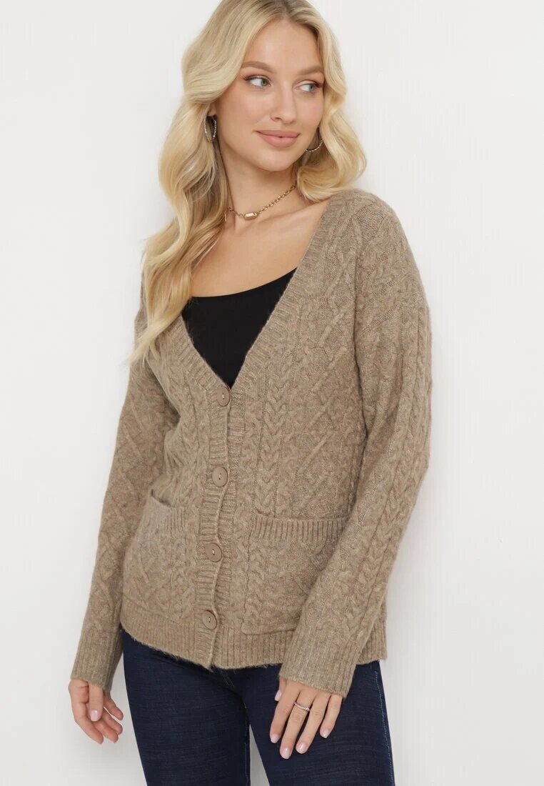 wool fashion Kardigan Bej cu Decolteu în V torsadat Mallak