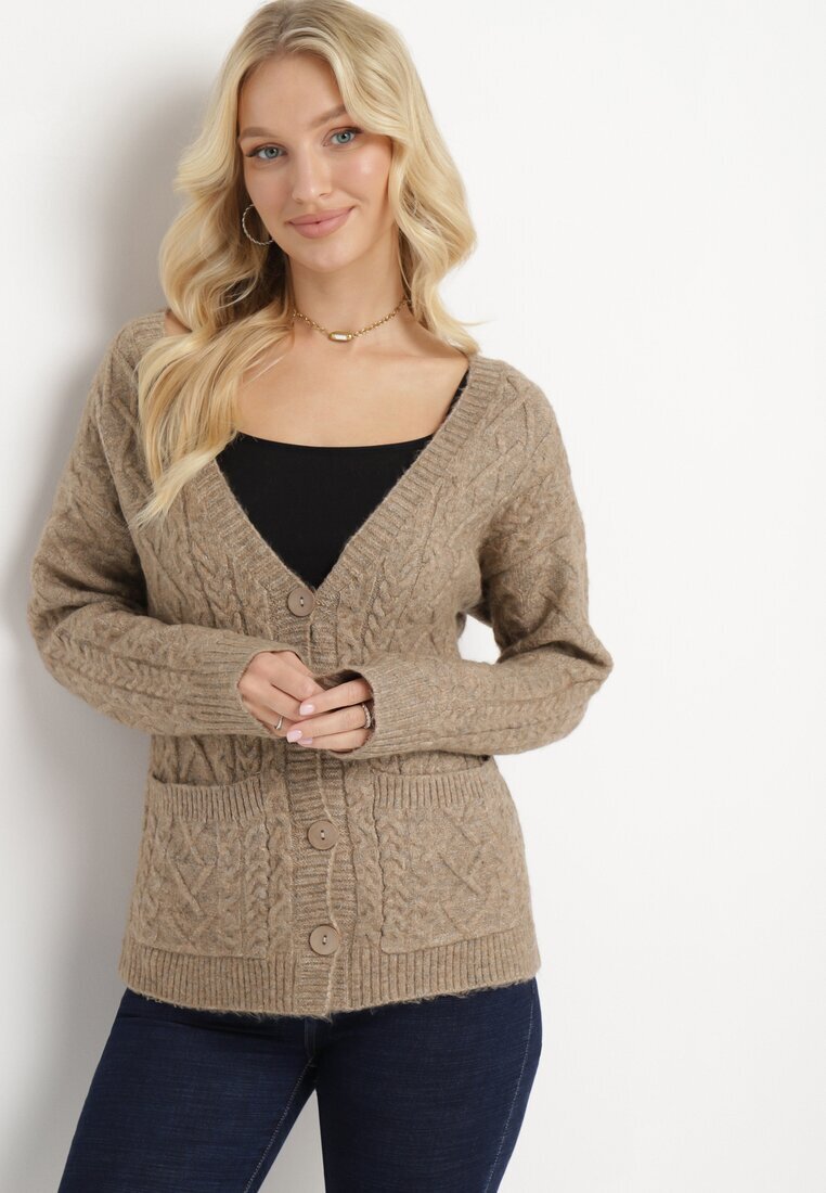 wool fashion Kardigan Bej cu Decolteu în V torsadat Mallak